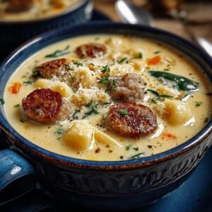 Gros plan d'une soupe crémeuse au parmesan et saucisse, garnie de parmesan râpé et d'herbes fraîches.