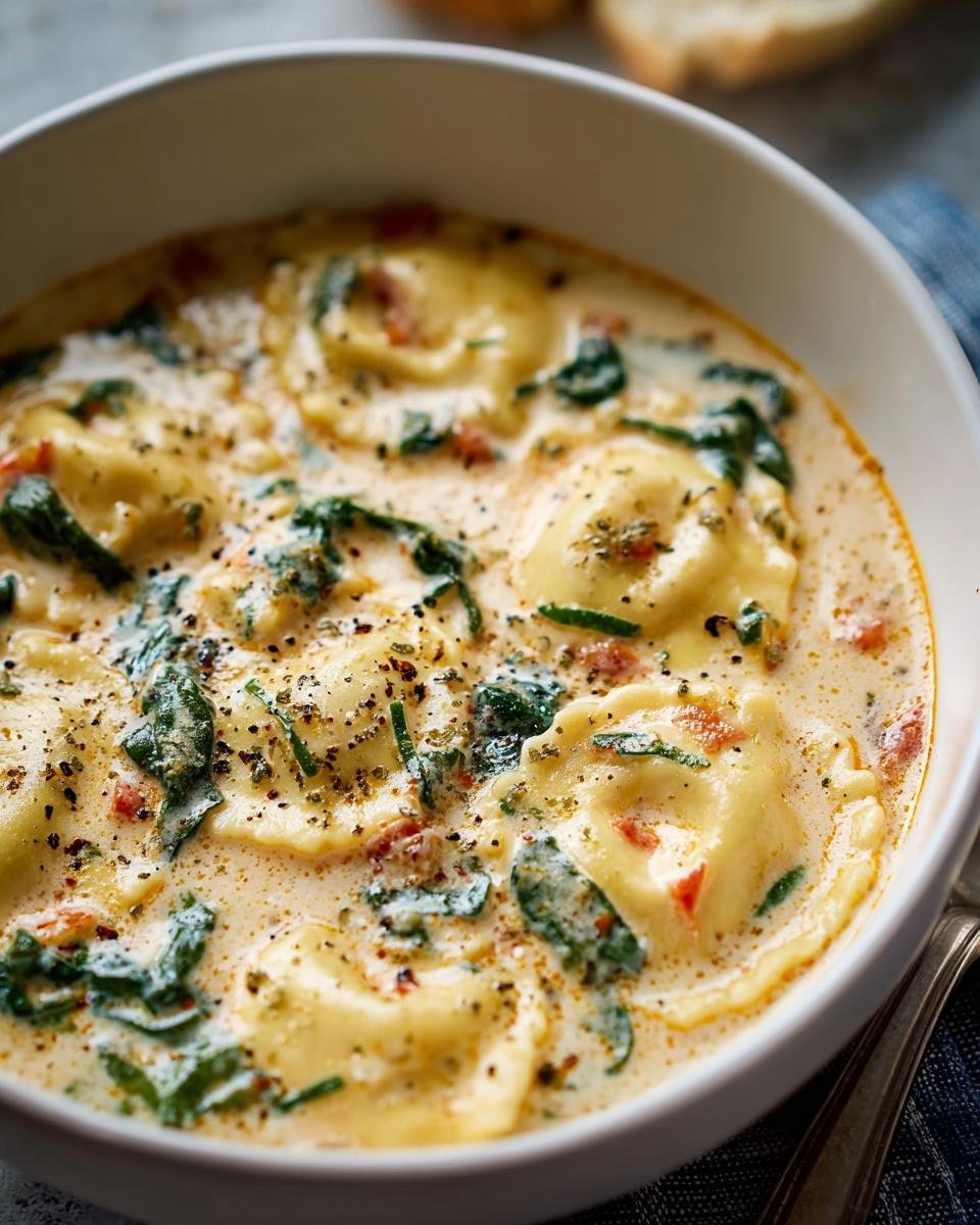 Gros plan d'une assiette de Soupe Crémeuse aux Raviolis avec des épinards et des morceaux de tomates.