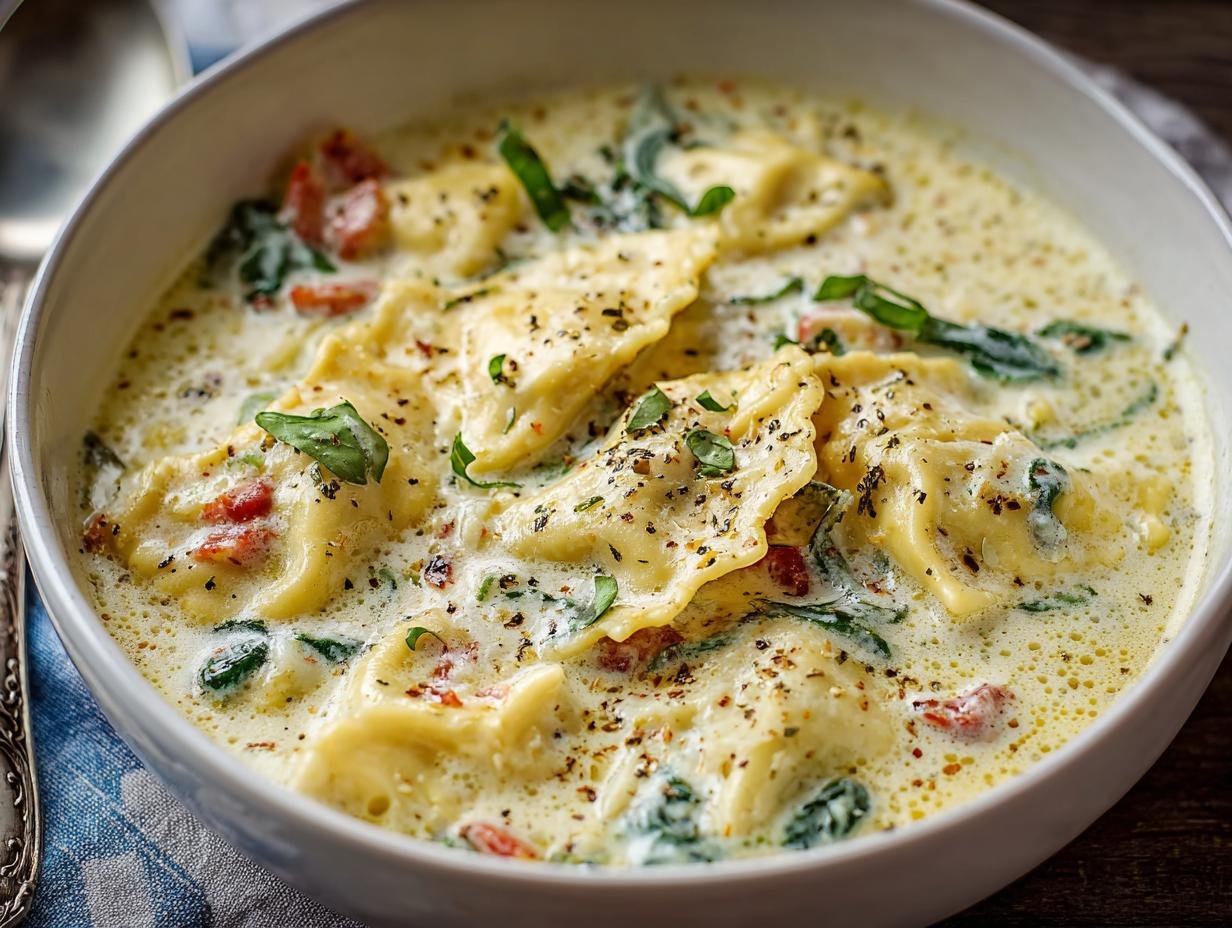 Gros plan d'une soupe crémeuse aux raviolis avec des épinards et des tomates, garnie d'herbes.