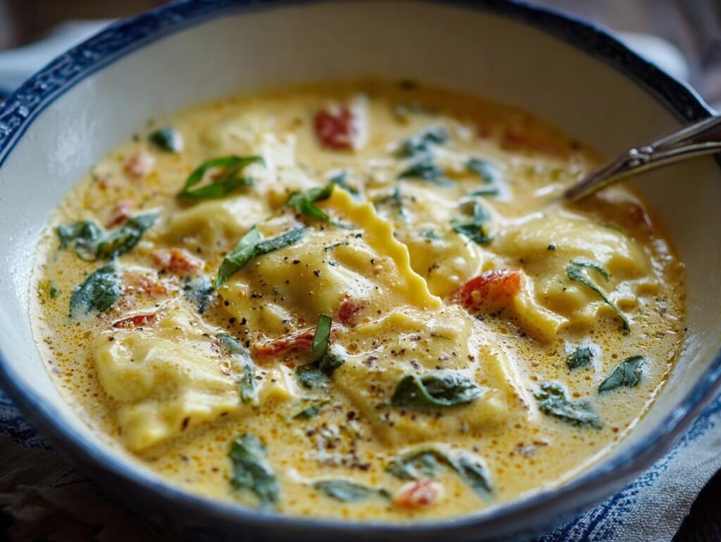 Gros plan sur une assiette de soupe crémeuse aux raviolis, garnie de basilic frais et de tomates.