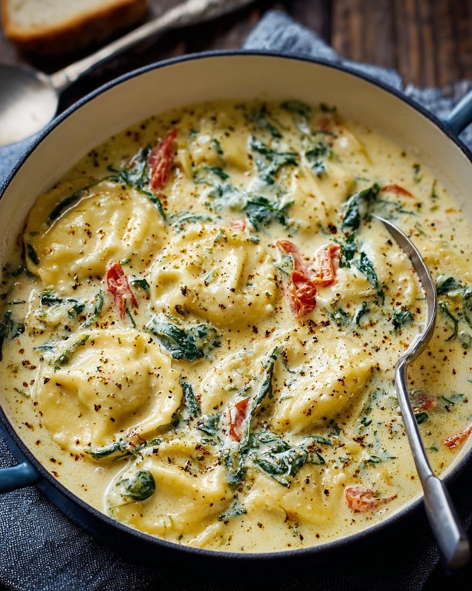 Gros plan d'une soupe crémeuse aux raviolis avec des épinards et des tomates.