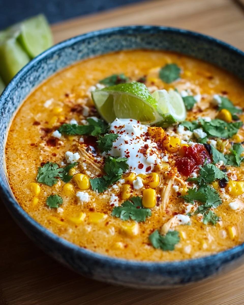 Gros plan d'une soupe de maïs mexicain crémeuse, garnie de crème, de coriandre, de fromage et de quartiers de citron vert.