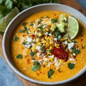 Gros plan d'une soupe de maïs mexicain crémeuse garnie de maïs, d'avocat, de fromage et de coriandre.