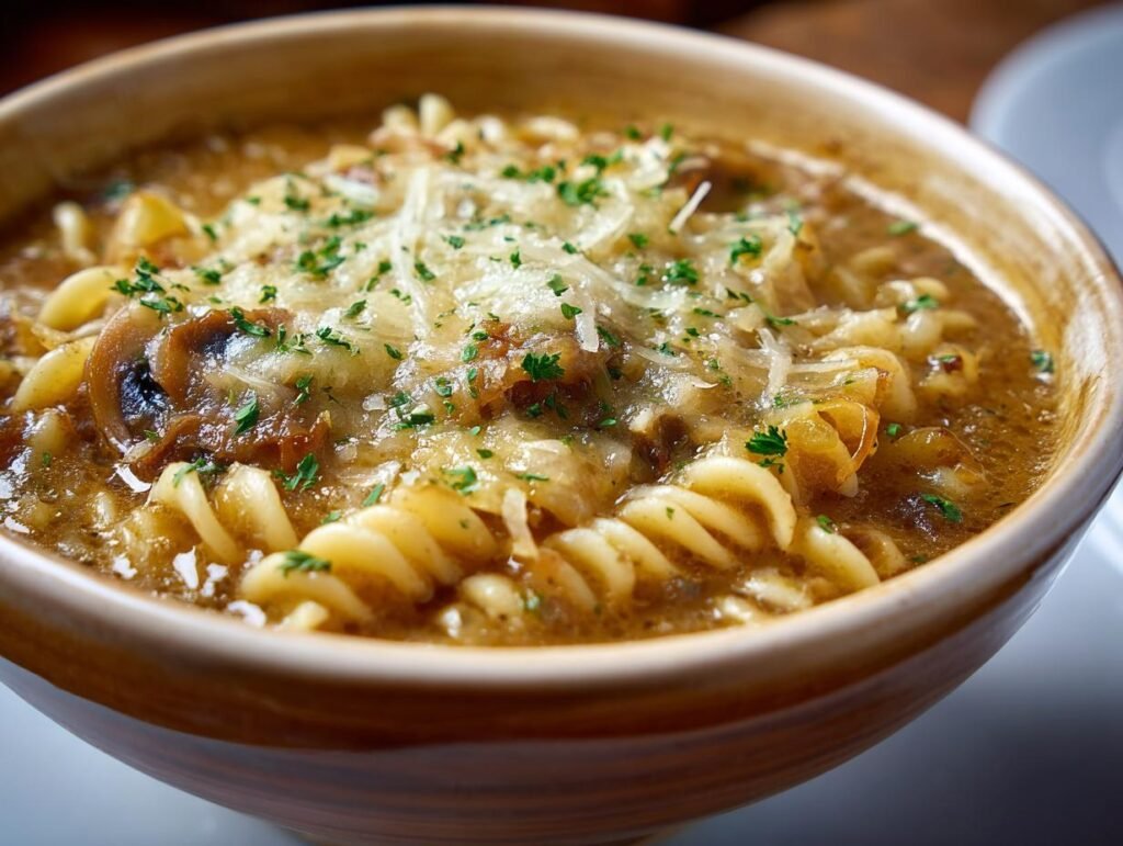 Gros plan d'une soupe à l'oignon française avec des pâtes fusilli, garnie de fromage râpé et de persil.