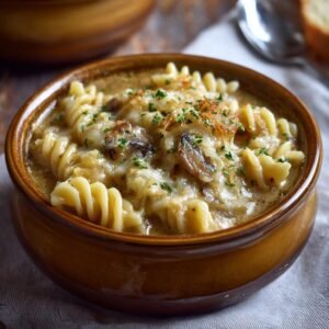 Un bol de pâtes à la soupe à l'oignon française, garni de fromage fondu et de persil frais.