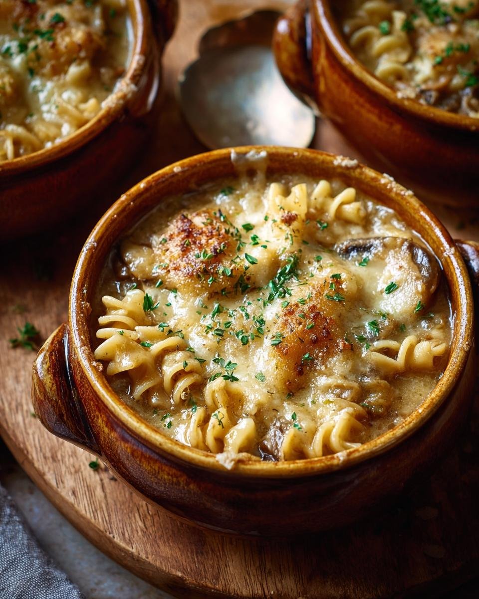 Gros plan d'une portion de Soupe à l'Oignon Française Pâtes gratinée, avec des pâtes fusilli et du fromage fondu.