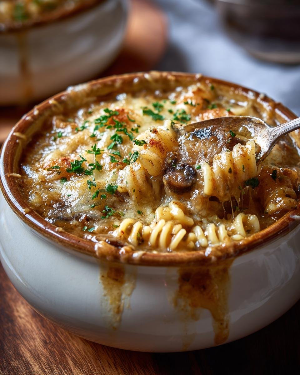 Gros plan d'une portion de Soupe à l'Oignon Française Pâtes gratinée avec du fromage fondu et du persil.