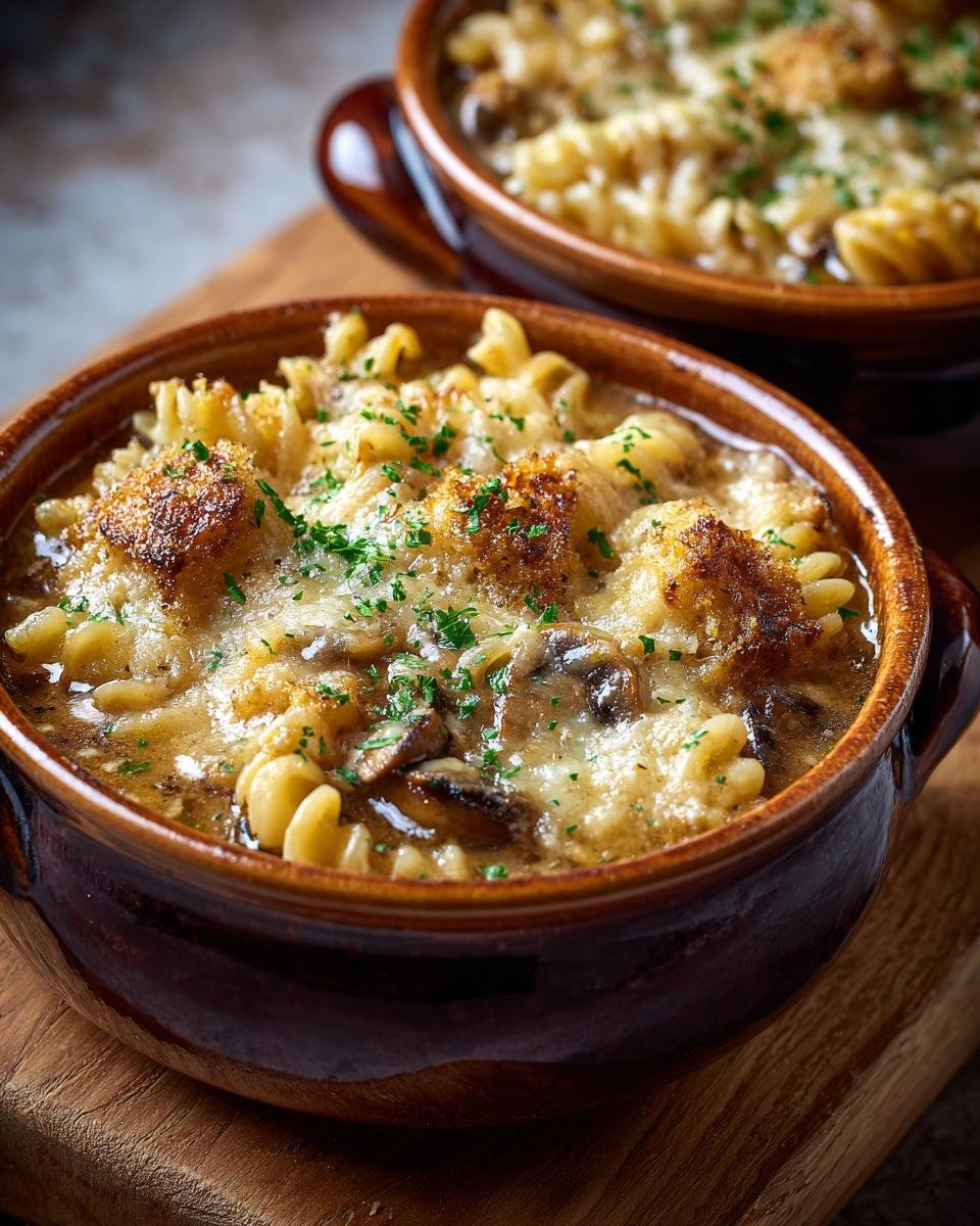 Gros plan de la Soupe à l'Oignon Française Pâtes gratinée avec des pâtes fusilli, des champignons et du fromage fondu.
