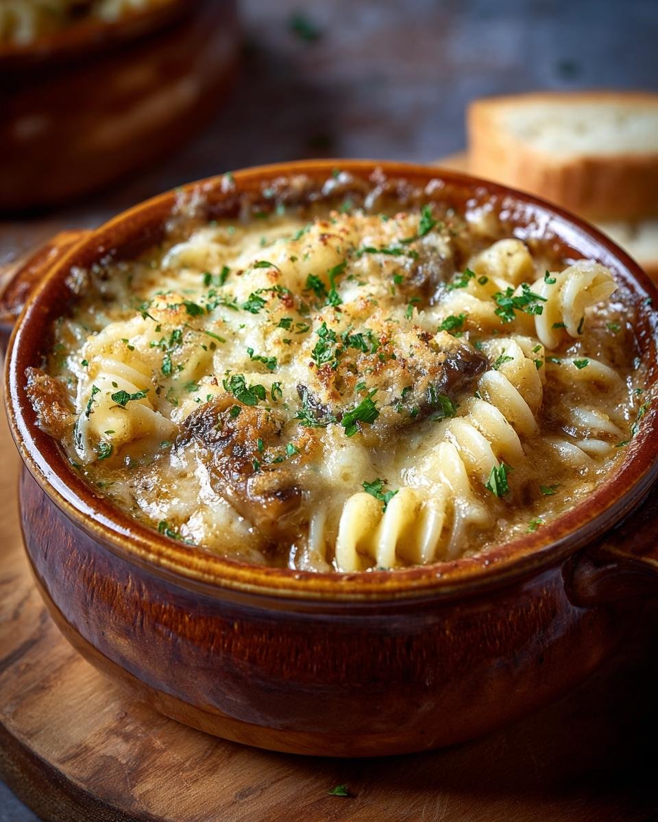 Gros plan d'une portion de Soupe à l'Oignon Française Pâtes gratinée au fromage fondant et persil frais.