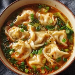 Gros plan d'une soupe aux raviolis chinois fumante, garnie d'oignons verts et d'épices.
