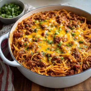 Gros plan d'un Spaghetti Cowboy en Casserole, garni de fromage fondu et d'oignons verts.
