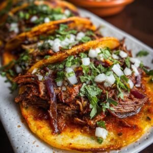 Gros plan sur des tacos birria à la mijoteuse garnis de viande effilochée, d'oignons et de coriandre.