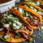 Gros plan sur des tacos Birria mijoteuse garnis d'oignons et de coriandre, servis sur une planche.