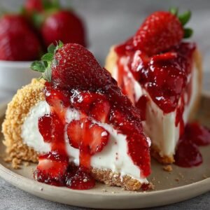 Deux parts de Tacos Cheesecake aux Fraises Facile, nappées de coulis de fraises et garnies de fraises fraîches.