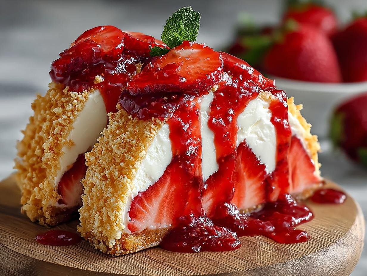 Deux parts de tacos cheesecake aux fraises faciles, garnies de fraises fraîches et de coulis.