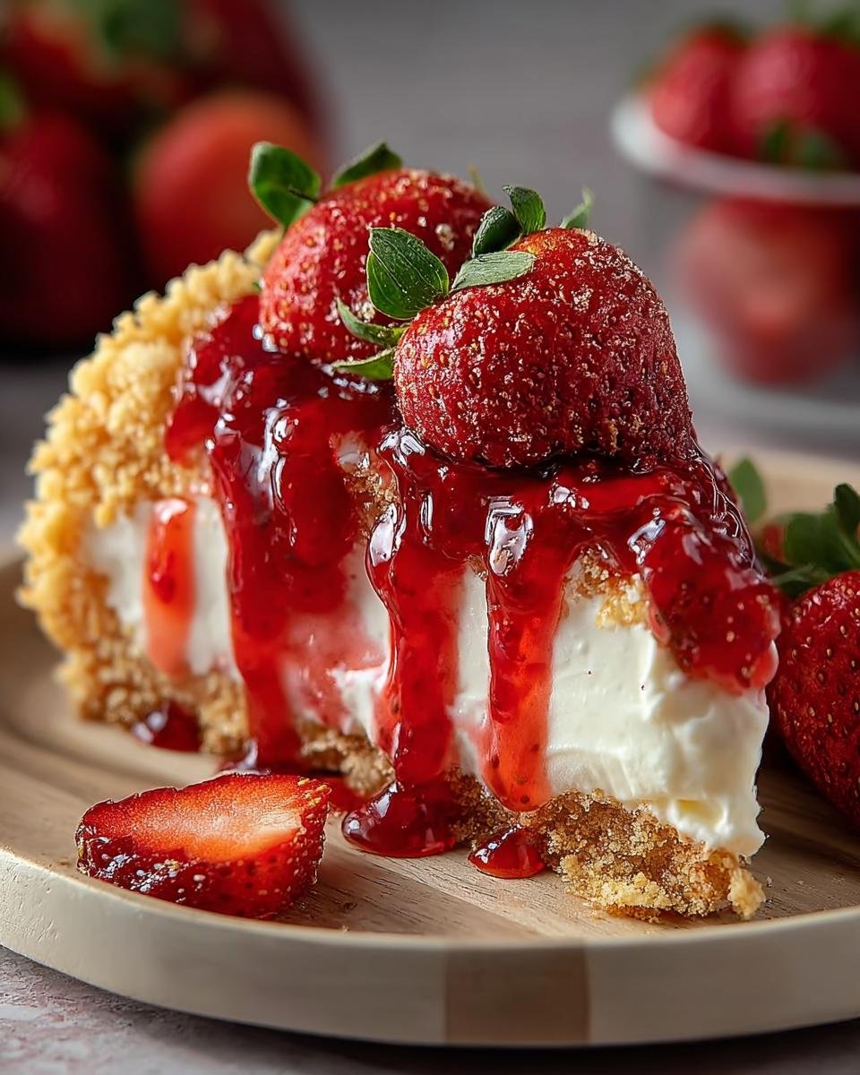 Gros plan d'une part de Tacos Cheesecake aux Fraises Facile, garnie de fraises fraîches et de coulis.