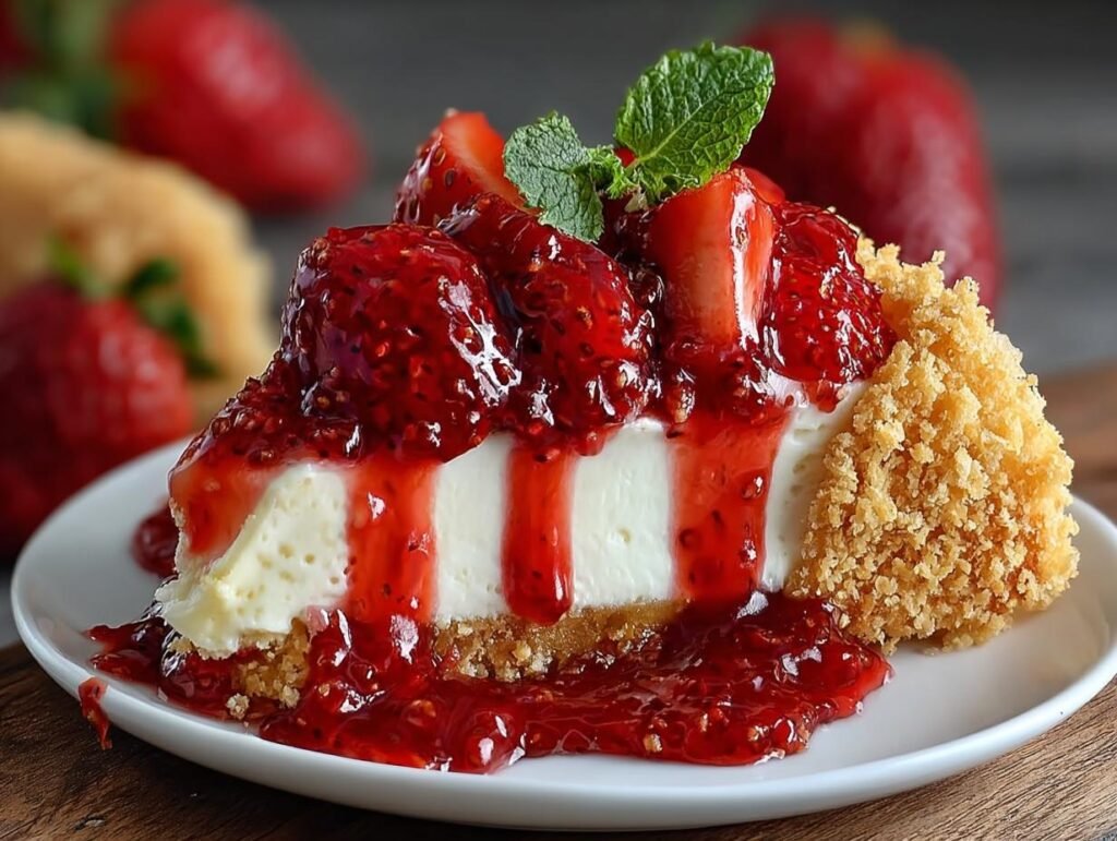 Gros plan d'une part de Tacos Cheesecake aux Fraises Facile, garnie de fraises fraîches et de coulis.