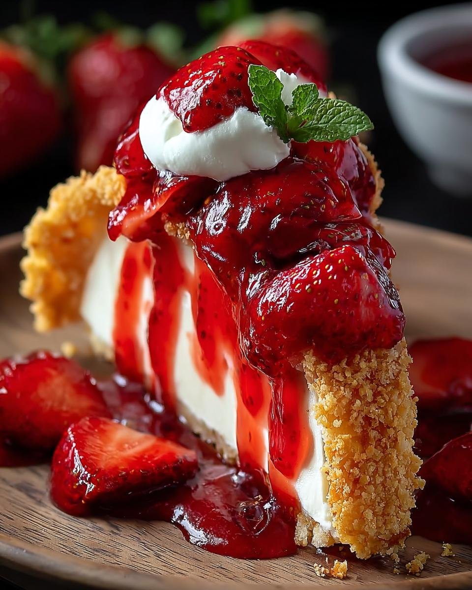 Gros plan d'une part de Tacos Cheesecake aux Fraises, garnie de crème et de coulis de fraises.