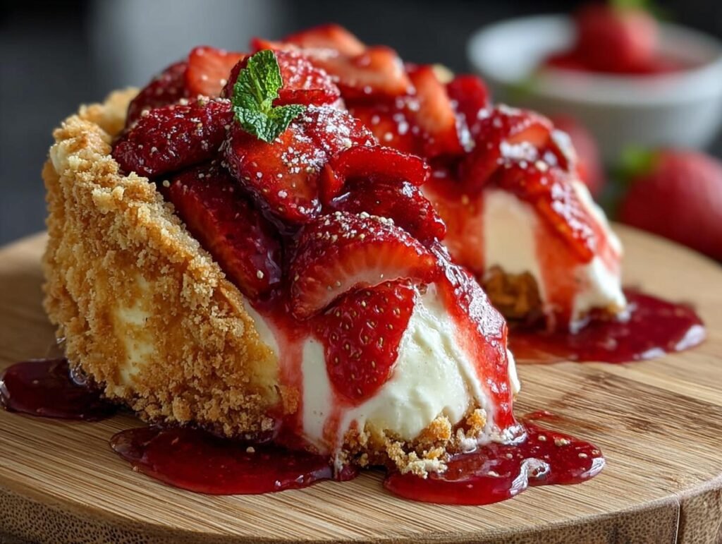 Gros plan sur une part de Tacos Cheesecake aux Fraises, garnie de fraises fraîches et de coulis.