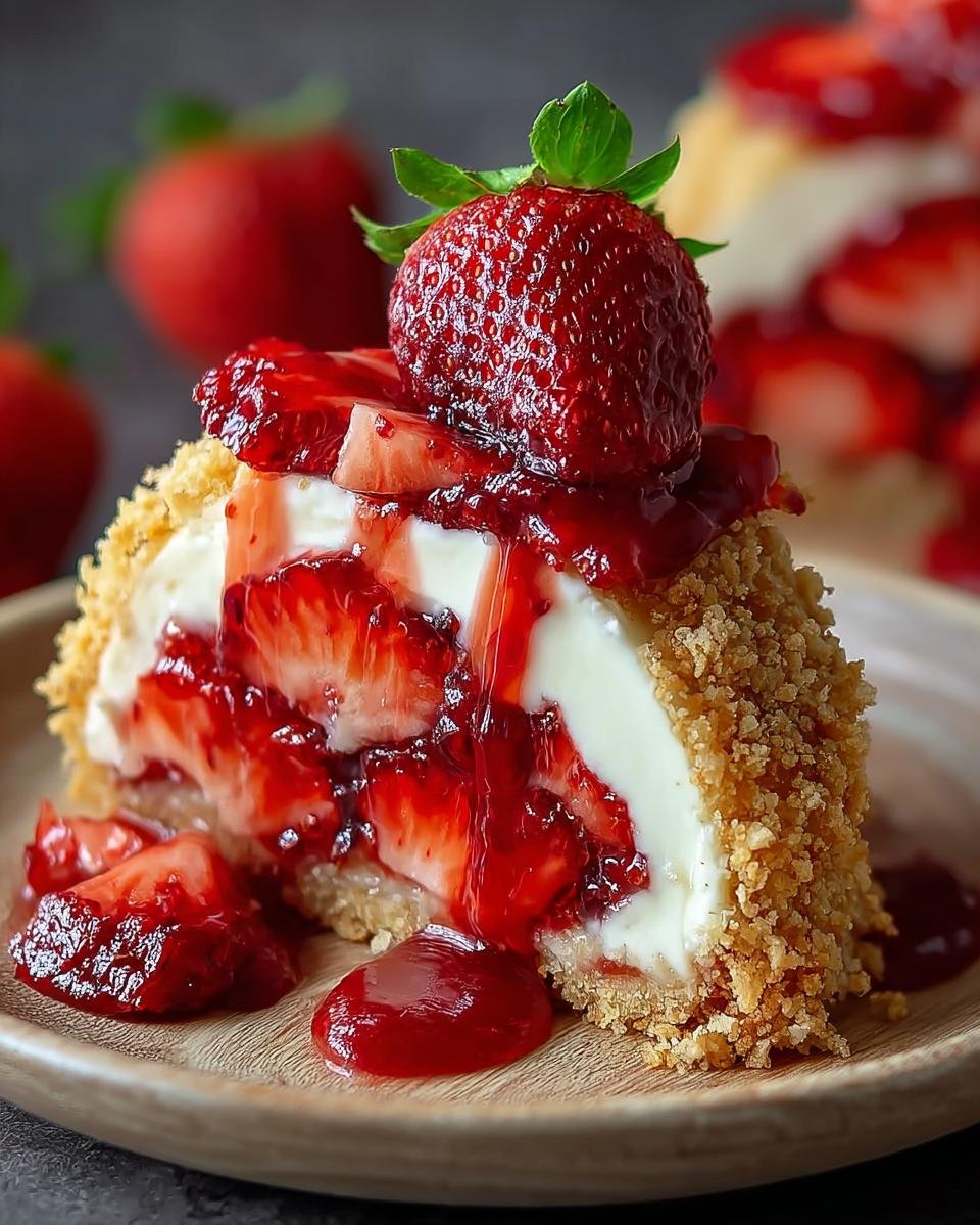 Gros plan d'une tranche de Tacos Cheesecake aux Fraises sur une assiette en bois, garnie de fraises fraîches et de coulis.