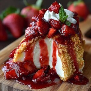 Gros plan d'une tranche de Tacos Cheesecake aux Fraises, garnie de fraises fraîches et de crème fouettée.