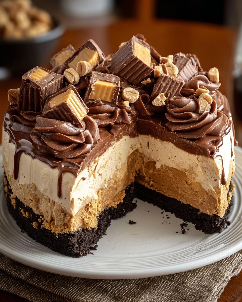 Gros plan d'une part de tarte au beurre de cacahuète Reese's, garnie de morceaux de bonbons et de chocolat.