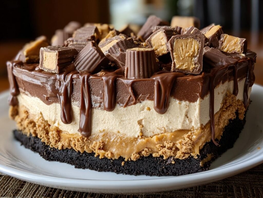 Gros plan d'une tarte au beurre de cacahuète Reese's avec des morceaux de bonbons et un glaçage au chocolat dégoulinant.