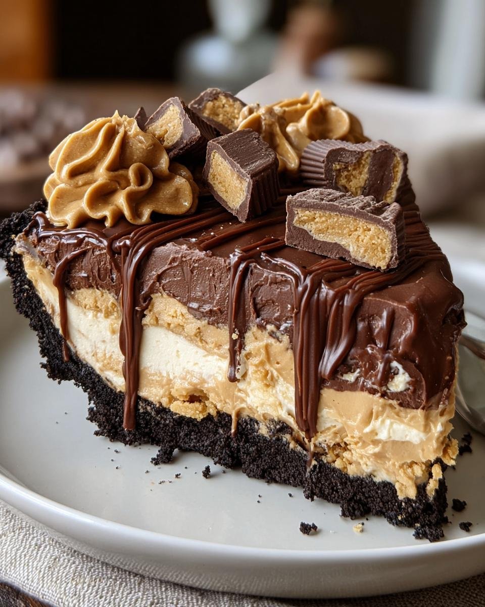 Gros plan d'une tranche de tarte au beurre de cacahuète Reese's avec garniture au chocolat et éclats de Reese's.
