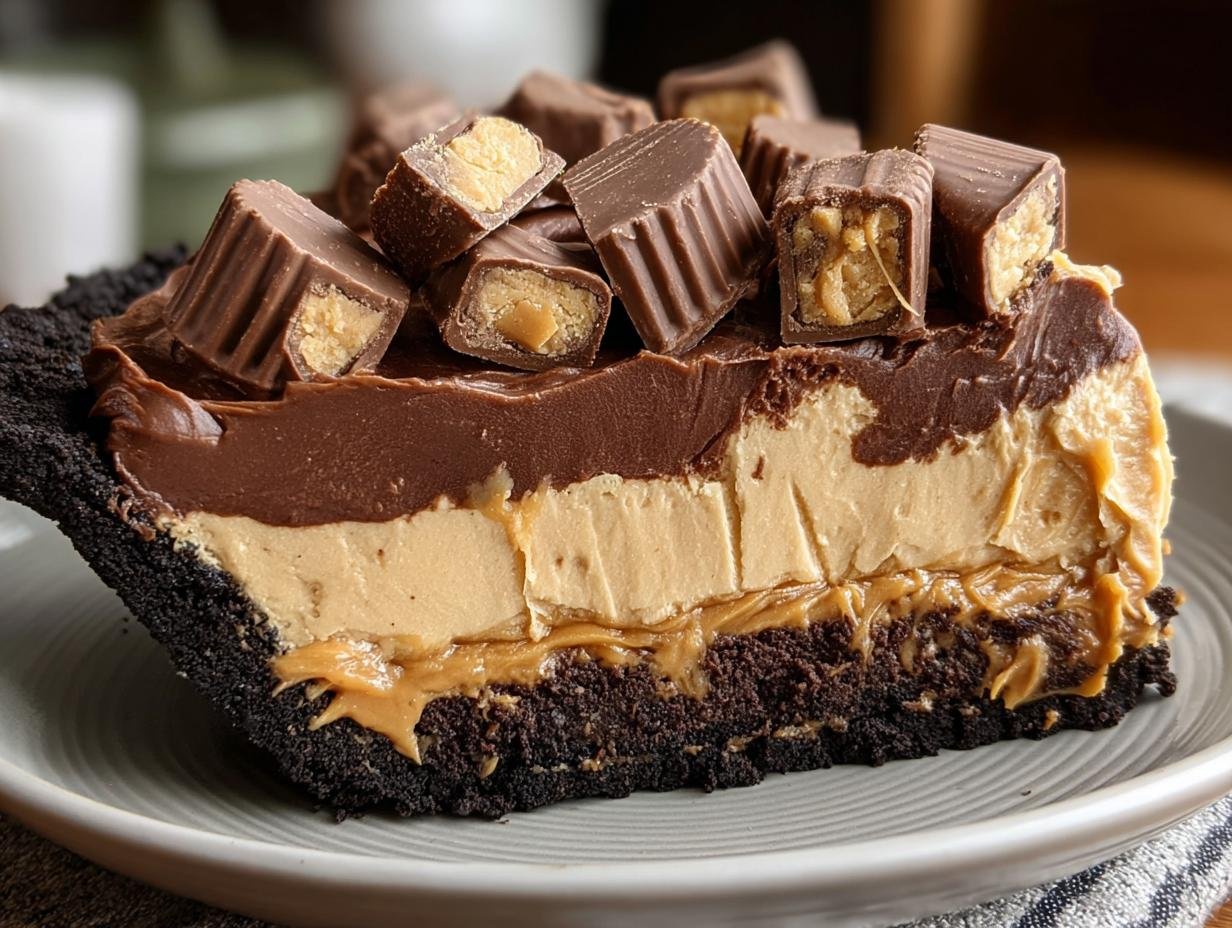 Gros plan d'une part de tarte au beurre de cacahuète Reese's, garnie de morceaux de bonbons.