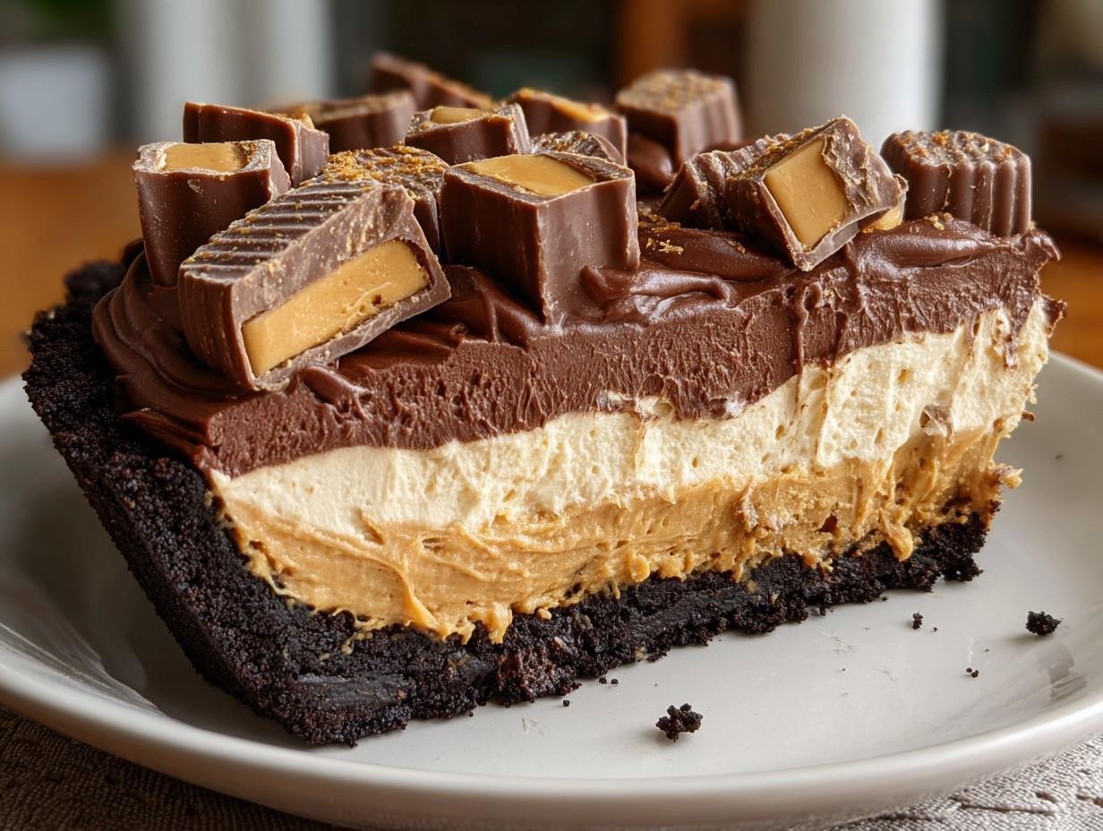Gros plan d'une part de tarte au beurre de cacahuète Reese's avec plusieurs couches et garnie de bonbons Reese's coupés.