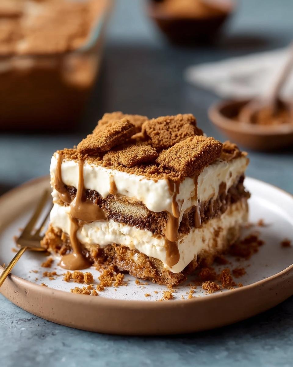 Une part de Tiramisu Biscoff Spéculoos avec une sauce coulante et des miettes de biscuits.