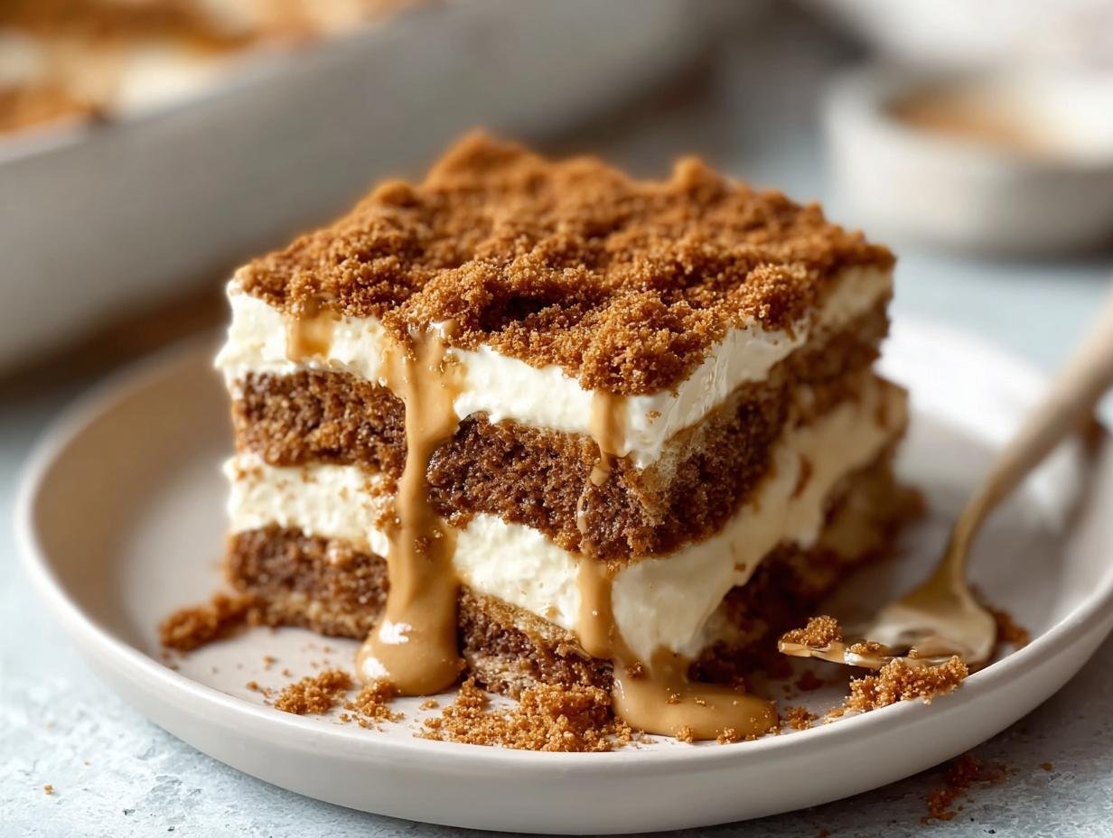 Gros plan d'une part de Tiramisu Biscoff Spéculoos crémeux, garni de miettes de spéculoos et d'un coulis caramel.