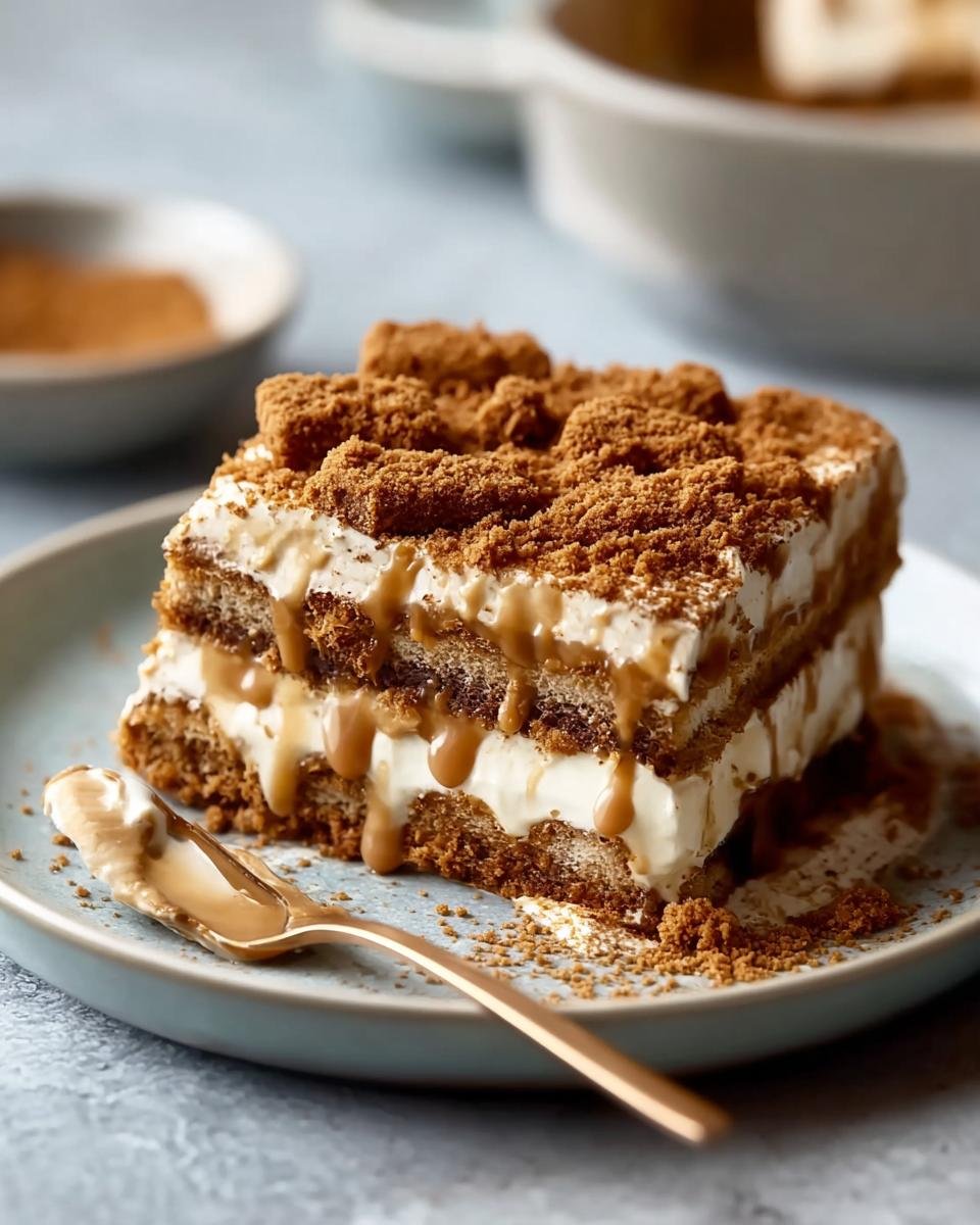 Gros plan d'une tranche de Tiramisu Biscoff Spéculoos crémeux, garnie de biscuits émiettés et de sauce caramel.