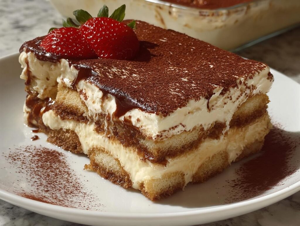 Gros plan d'une tranche de tiramisu au cottage cheese sur une assiette blanche, garnie de fraises.