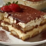 Gros plan d'une tranche de tiramisu au cottage cheese sur une assiette blanche, garnie de fraises.