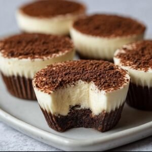 Gros plan sur des tiramisu cups individuels, saupoudrés de cacao, avec une bouchée prise dans l'un d'eux.