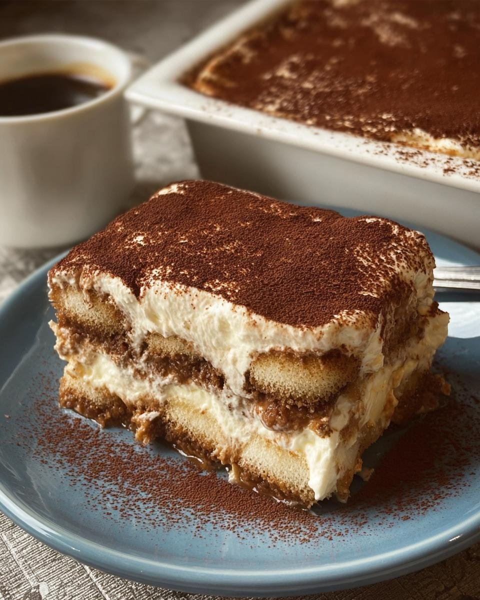 Gros plan d'une part de tiramisu au fromage blanc, saupoudrée de cacao, sur une assiette bleue.