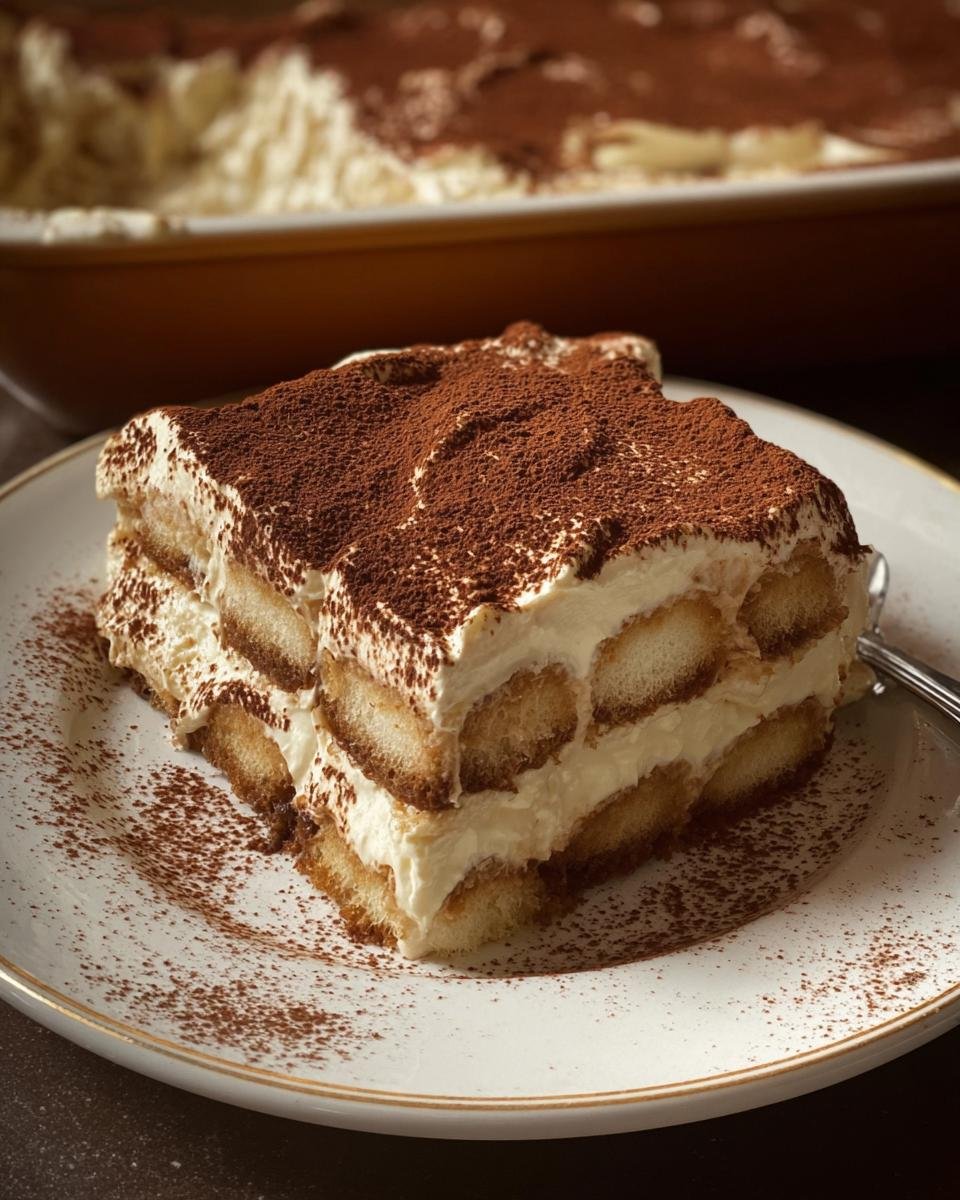 Gros plan d'une part de tiramisu au fromage blanc sur une assiette, saupoudrée de cacao.