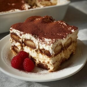 Gros plan d'une part de tiramisu léger au fromage blanc, garnie de cacao et de framboises.