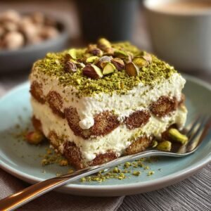Gros plan d'une part généreuse de tiramisu à la pistache, garnie de pistaches concassées et entières.
