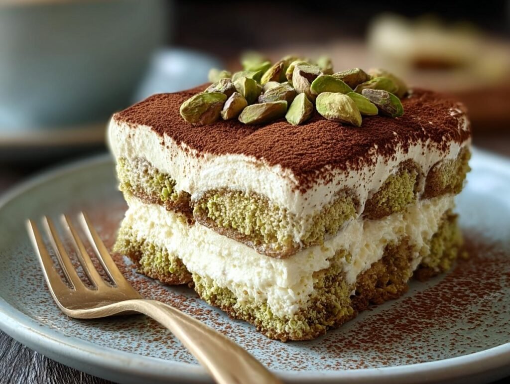 Une part de tiramisu à la pistache crémeux, garni de pistaches concassées et de cacao en poudre.