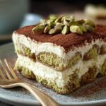 Une part de tiramisu à la pistache crémeux, garni de pistaches concassées et de cacao en poudre.