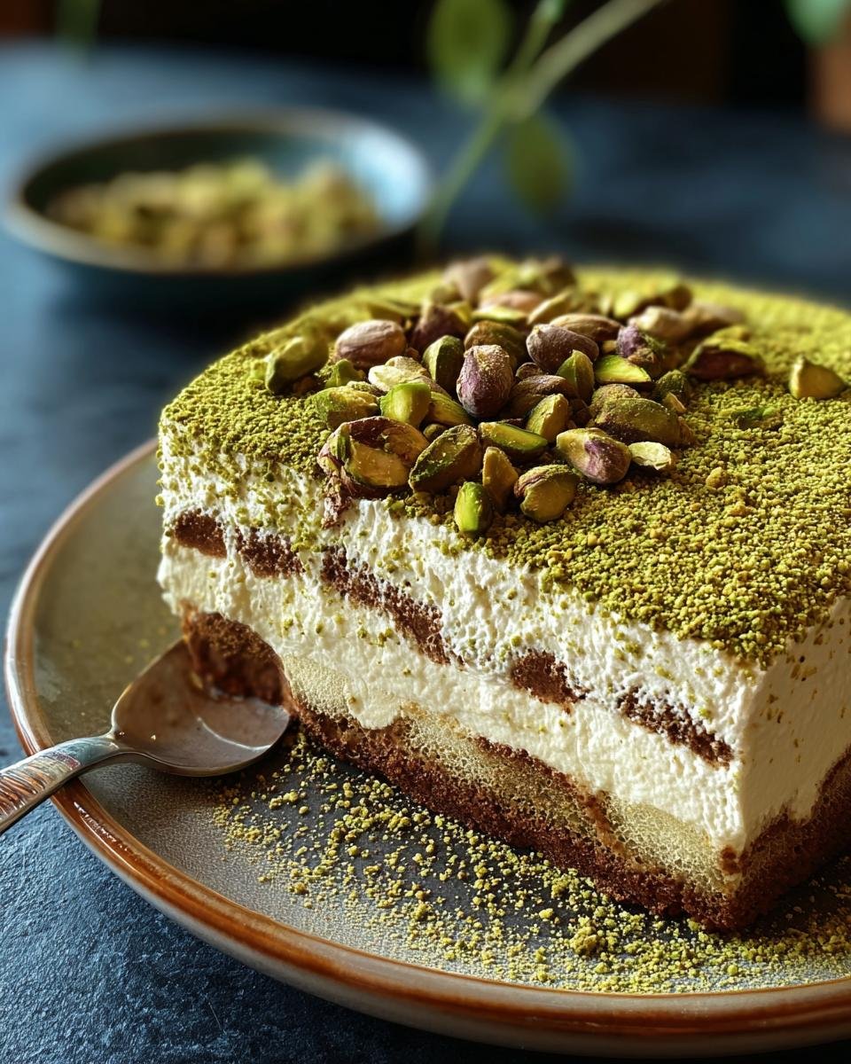 Gros plan d'une part de tiramisu à la pistache, garnie de pistaches entières et de poudre de pistache.