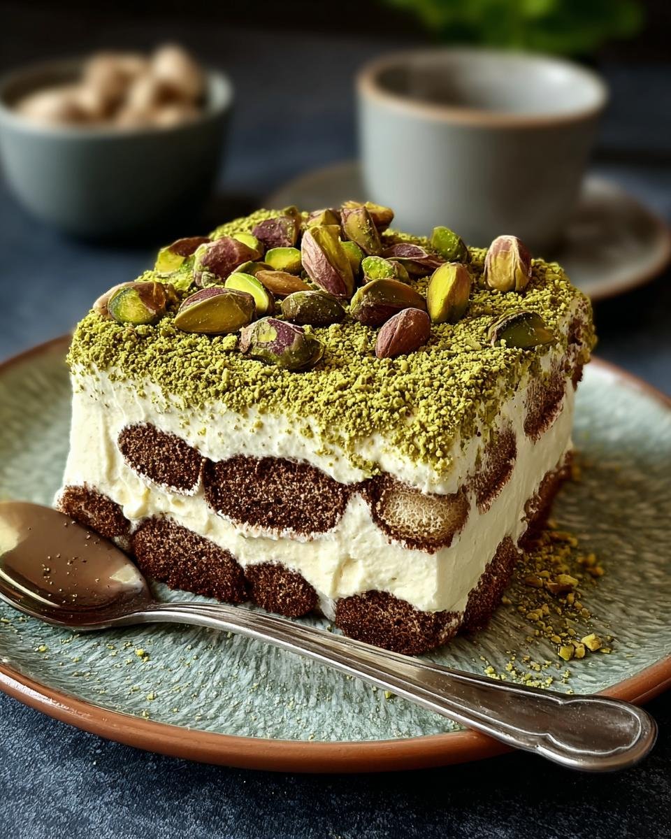 Gros plan d'une part de tiramisu à la pistache, garnie de pistaches concassées et entières.