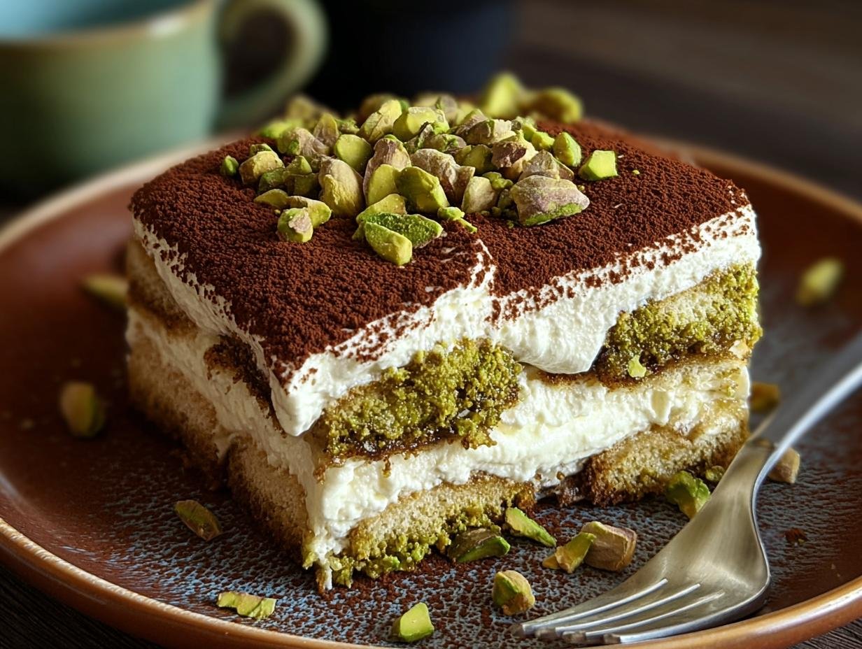 Gros plan d'une part de tiramisu à la pistache, garnie de pistaches concassées et de cacao.