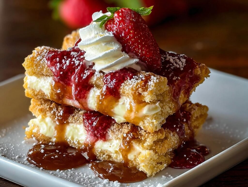 Gros plan d'un Toffee aux Crackers Churros empilé, garni de crème fouettée, de fraises et de coulis de fruits rouges.