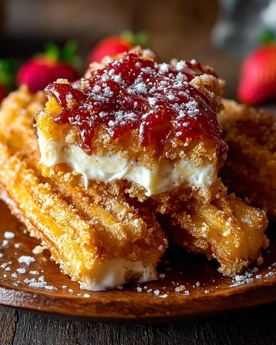 Gros plan sur une gourmandise Toffee aux Crackers Churros, garnie de confiture de fraises et saupoudrée de sucre.
