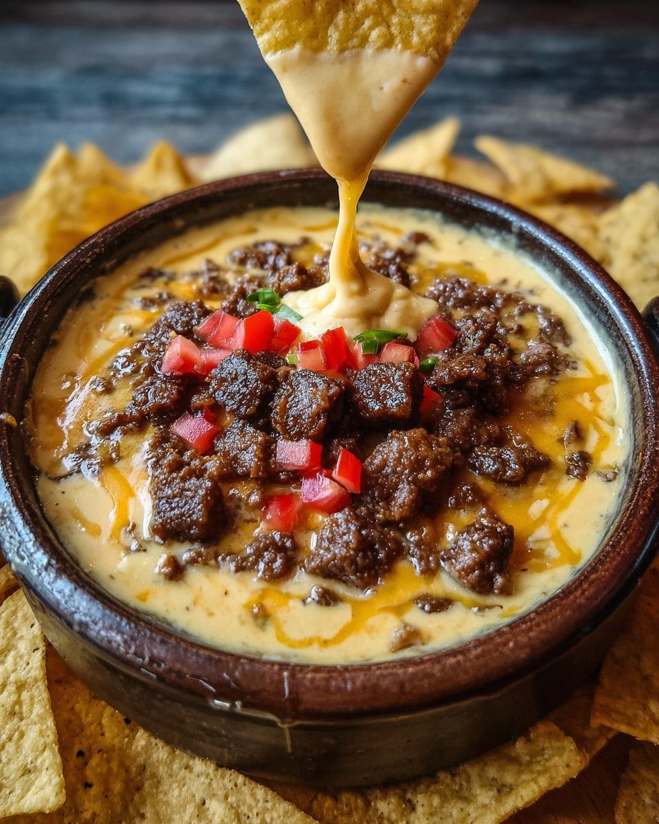 Une chips tortilla trempée dans une trempette Queso au Bœuf crémeuse, garnie de dés de tomates.