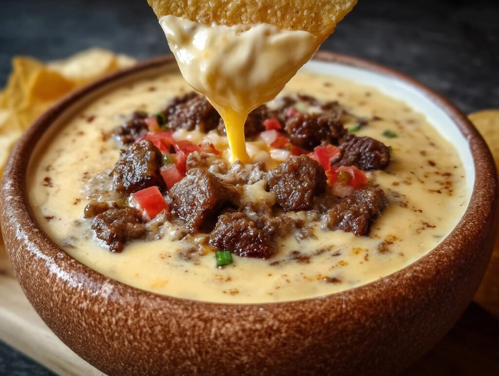 Gros plan d'une trempette Queso au Bœuf crémeuse dans un bol, avec une chips tortilla trempée dedans.