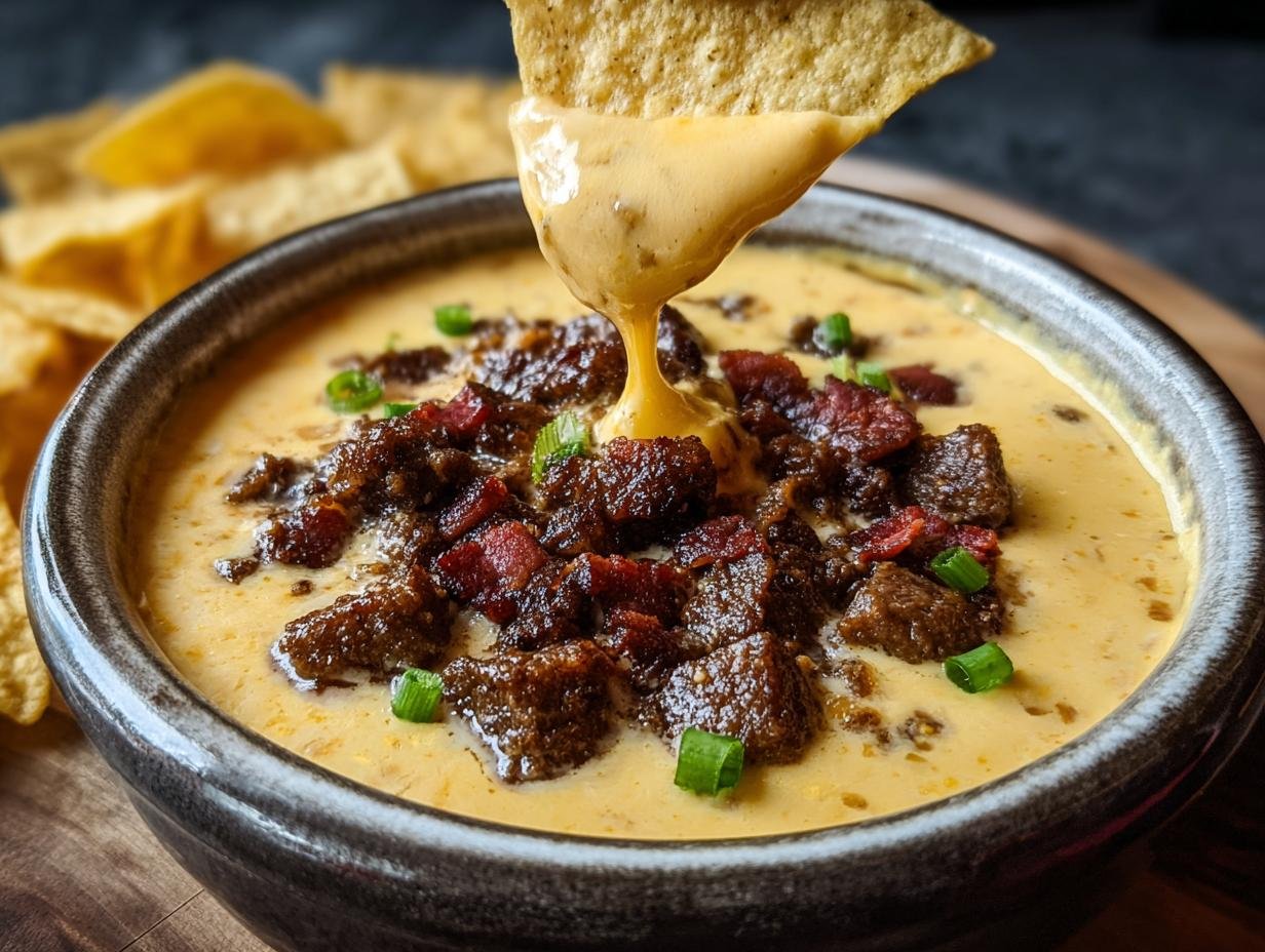 Une tortilla chip trempée dans une trempette Queso au Bœuf crémeuse, garnie de morceaux de bœuf et de bacon.